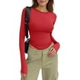 thumbnail image 2 of Women's Casual Basic Crop Tops Slim Fit Long Sleeve Crew Neck Solid Color Fall Pullover Shirts Tight Tee Red L, 2 of 5