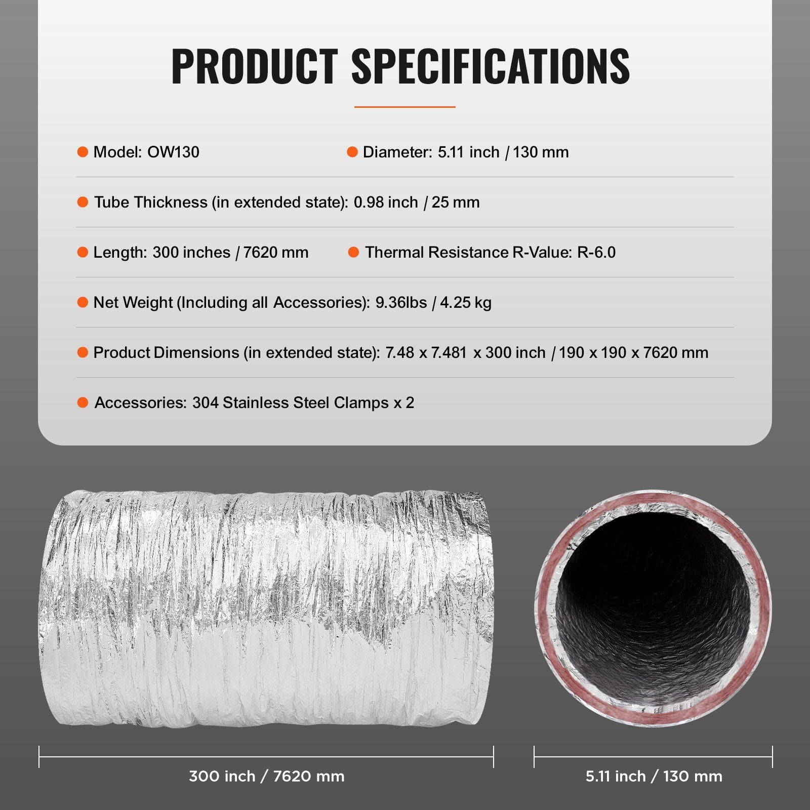 5'' Insulated Dryer Vent Hose, 25FT Flexible Duct with 2 Clamps, Heavy-Duty 3-Layer HVAC Duct for Heating/Cooling/Exhaust, Flame Resistant R6.0