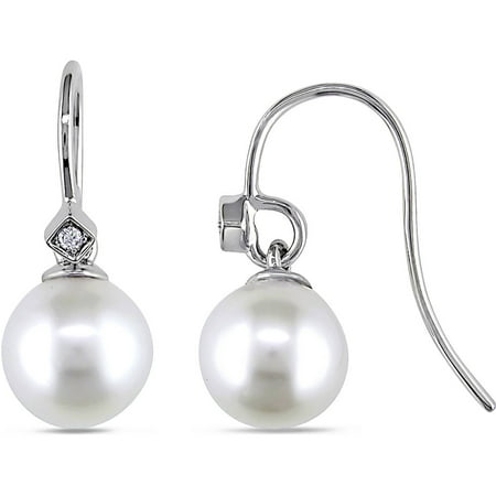 Miabella 7.5-8mm White Round Cultured Freshwater Pearl and Diamond Accent 14kt White Gold Hook Earrings
