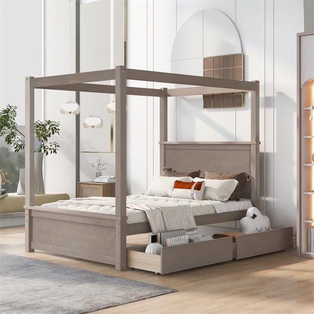 Full Size Canopy Bed with Two Storage Drawers, Canopy Platform Bed with
