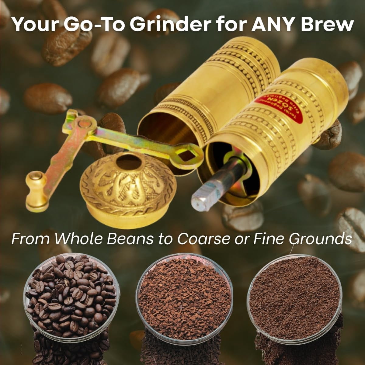 Sozen Hammered 9" Manual Coffee Grinder Brass – Hand Crank Burr Mill for Turkish Coffee, French Press, Espresso, Camping & Home Use