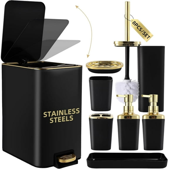 chalian-Black Bathroom Accessories 8 Piece Black and Gold Bathroom Set, Bathroom Accessories with Stainless Steel Bathroom Trash Can,Toilet Brush,Toothbrush Set,Soap Dispenser