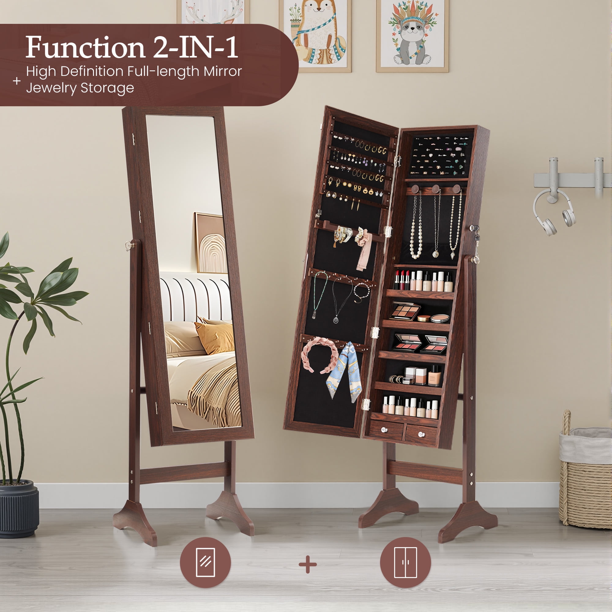 EDX Freestanding Full-Length Mirror Jewelry Cabinet, 3 Angle Adjustable Large Jewelry Armoire Organizer with Makeup Storage, Brown