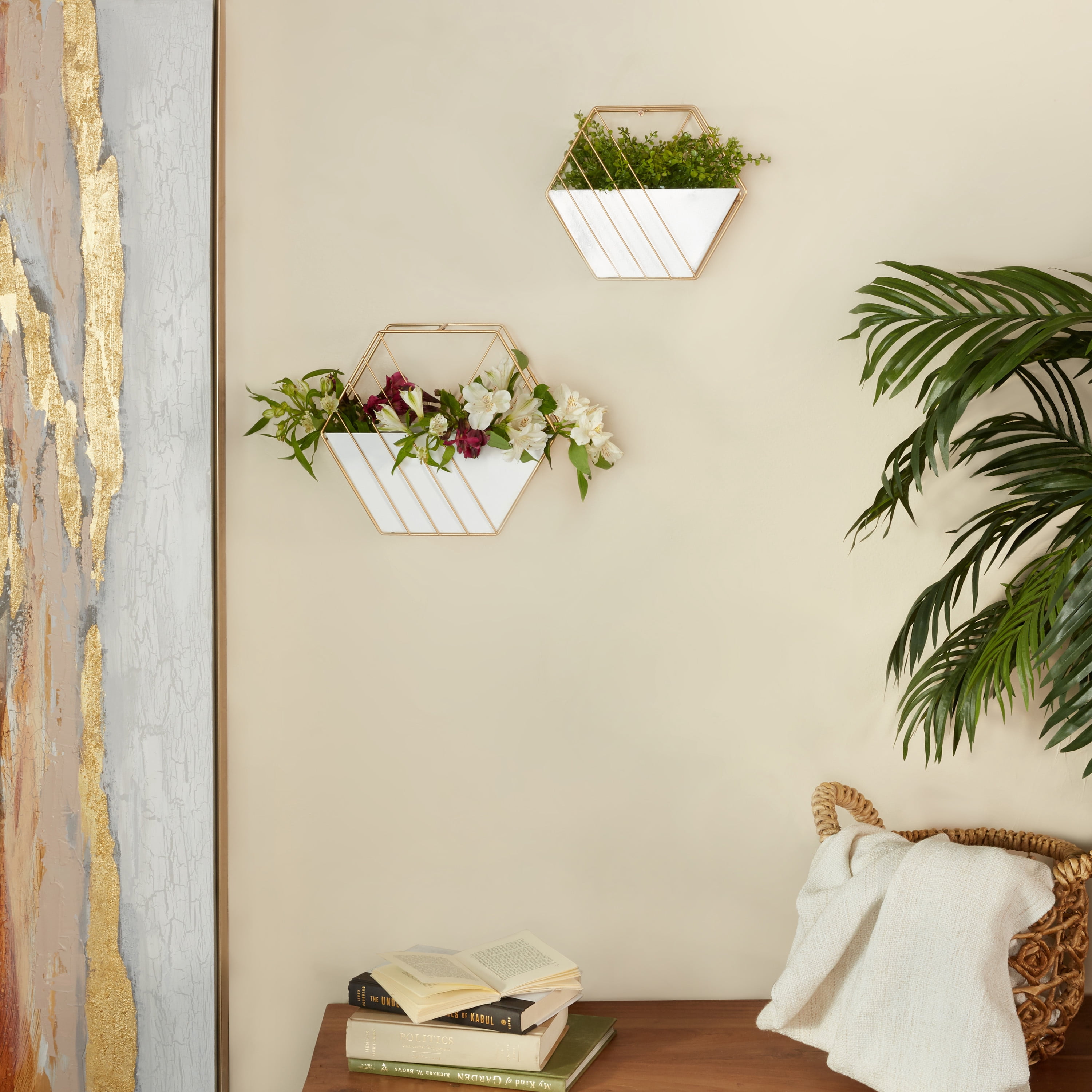 DecMode 10", 9"H Rectangle White Metal Indoor Outdoor Hanging Geometric Wall Planter (2 Count)
