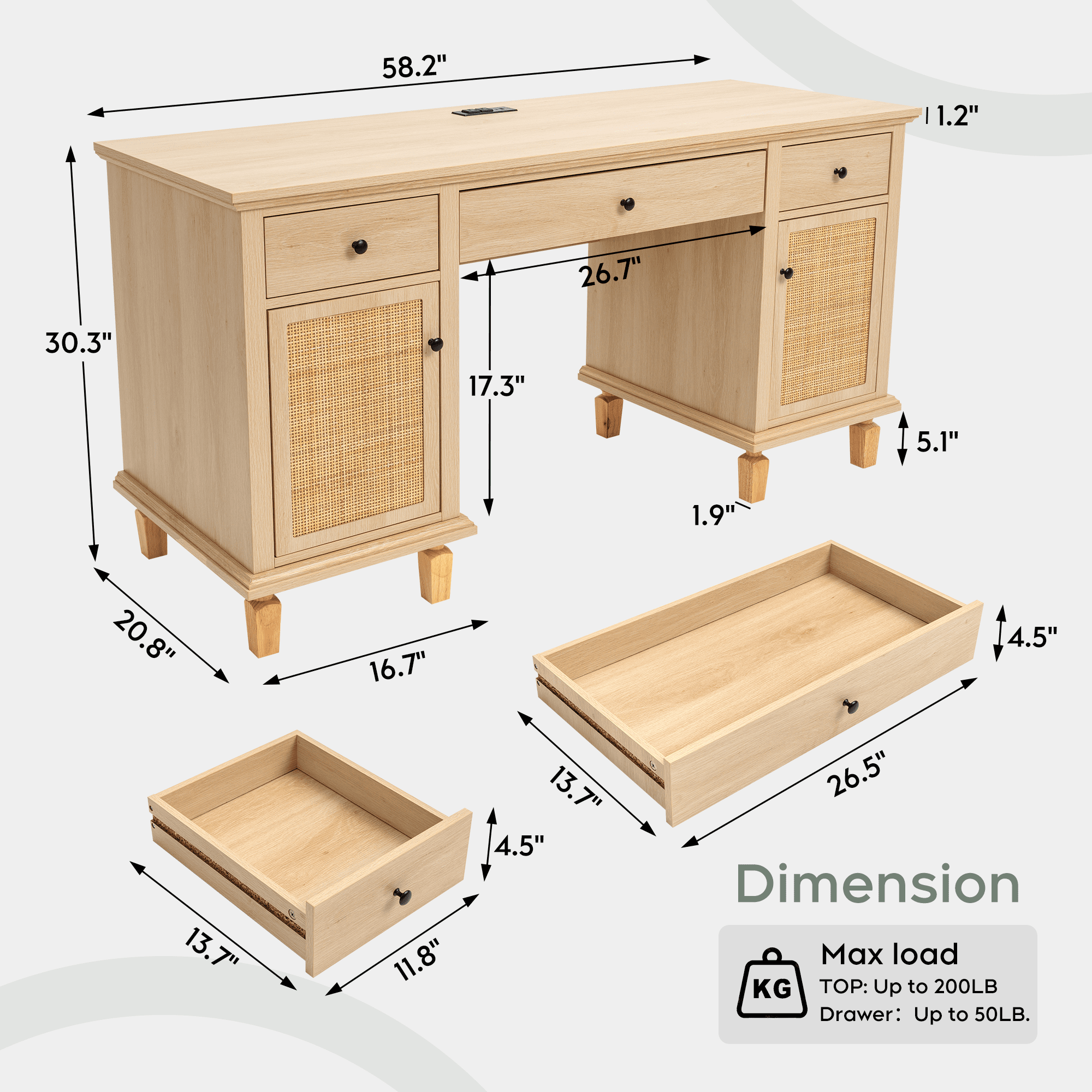 Brafab 3-Drawer Rattan Writing Desk with Storage Shelf & Power Outlets,Computer Desk with 5 Drawers and File Cabinet for Storage Home Office Desks,58.2 x 20.8 in