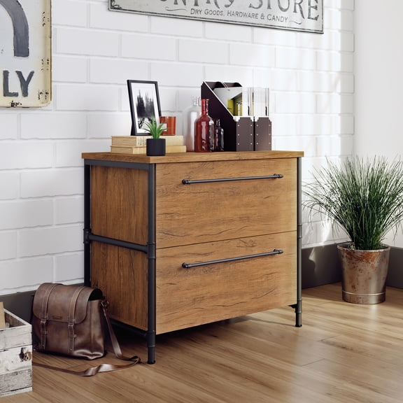 Sauder Iron City Industrial 2 Drawer Lateral File Cabinet, Checked Oak Finish Each