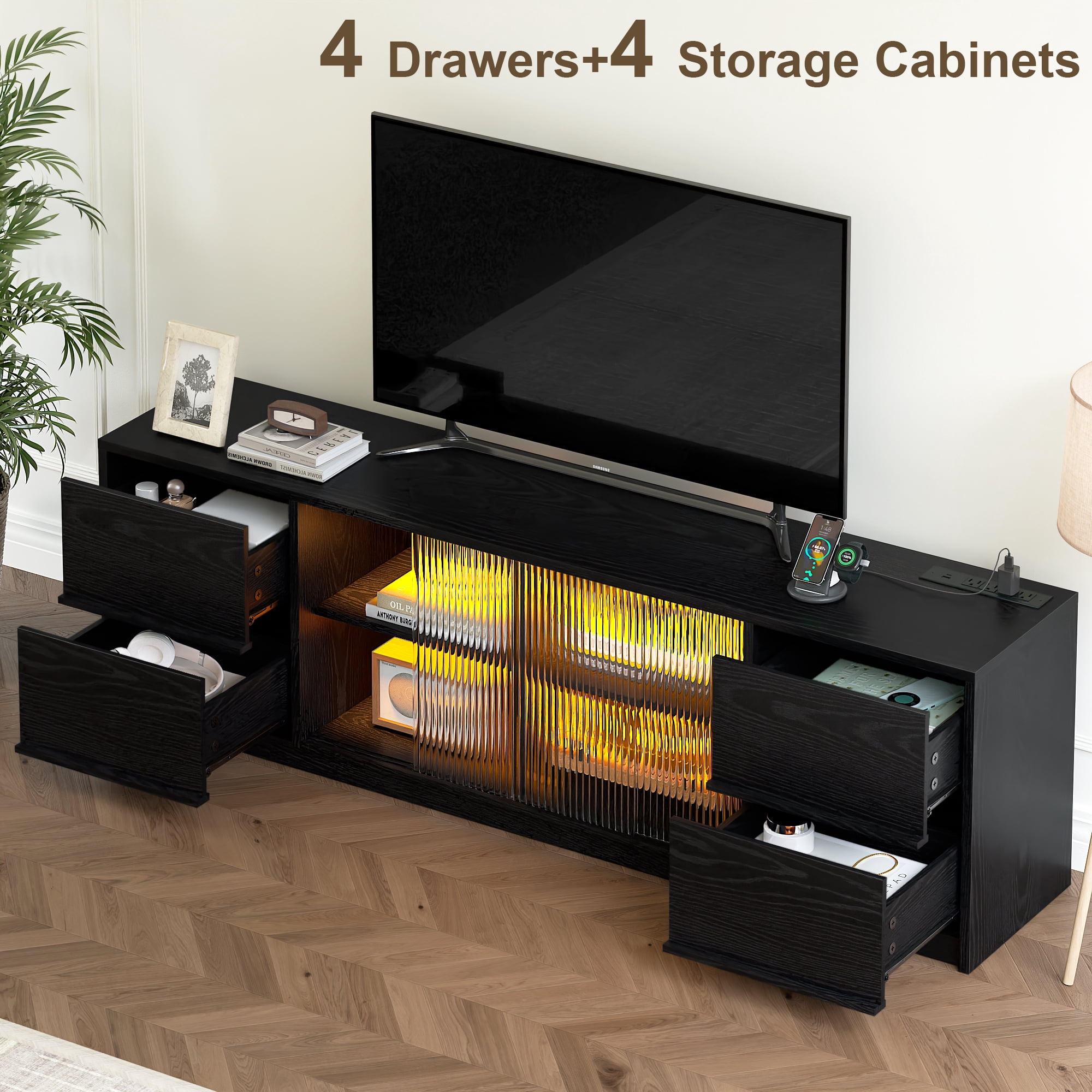 GUNAITO TV Stand for TVs up to 75", Big TV Stand for Living Room with 4 Drawers and LED Lights, Entertainment Center with Storage, Black
