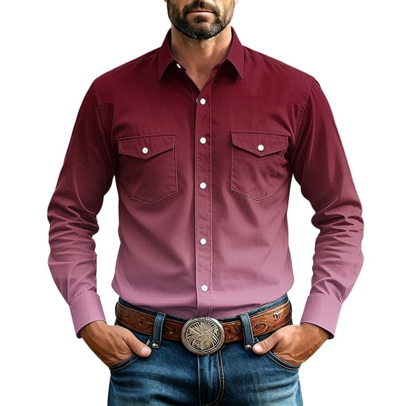 Eryao Mens Button Down Shirt Casual Fall Fashion Gradient Western Cowboy Long Sleeve Work Shirts Vintage Collared Office Business Tops with Pockets Wine,S