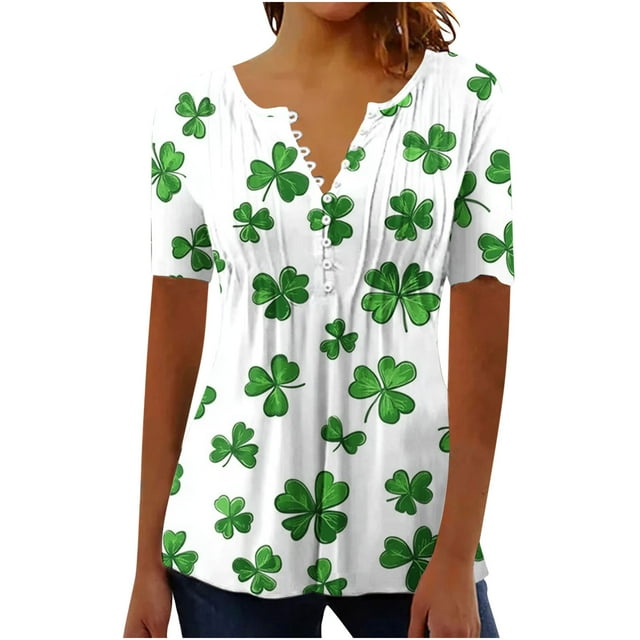 QTOCIO Hauts Décontractés pour Femmes, Hauts d'Été pour Femmes, Chemise à Manches Courtes Imprimée St. Patrick avec Plis à Boutons et Col en V