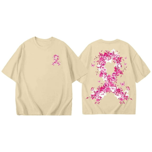 Cancer Top for Women Short Sleeved Pink Ribbon Printed Crew Neck T Shirt Loose Fit Fashion Vacation Y2k Blouses