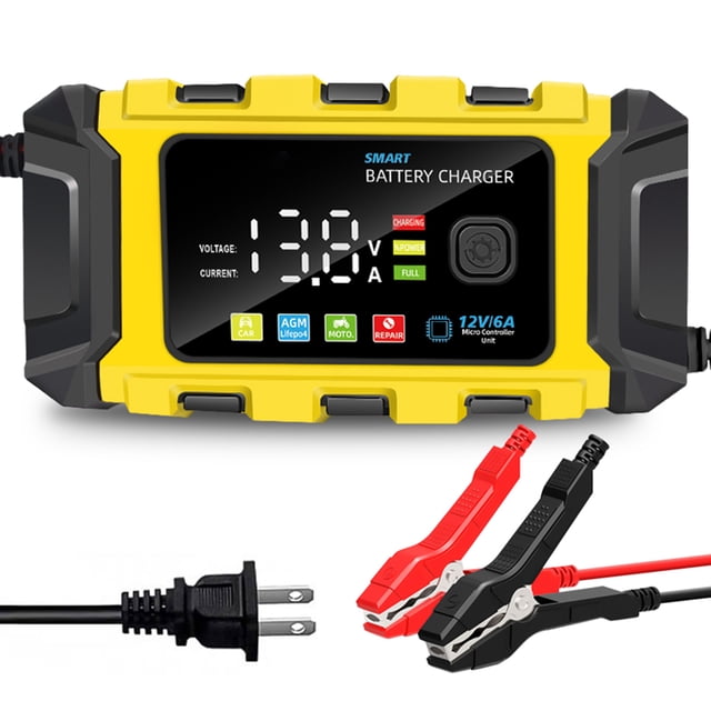Battery , 12V Intelligent Automatic Battery with Large Digital Display Screen, Battery Maintainer for Cars Trucks Motorcycles SUVs Boats Acid Batteries (Yellow, Plug)