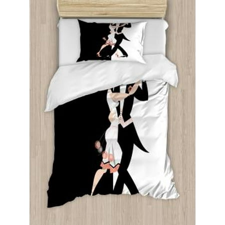 Twin Dancing - Old Hollywood Twin Size Duvet Cover Set, Modern Dancing Couple Performing Pas de Deux Simplistic Design, Decorative 2 Piece Bedding Set with 1 Pillow Sham, Black White and Coral, by Ambesonne