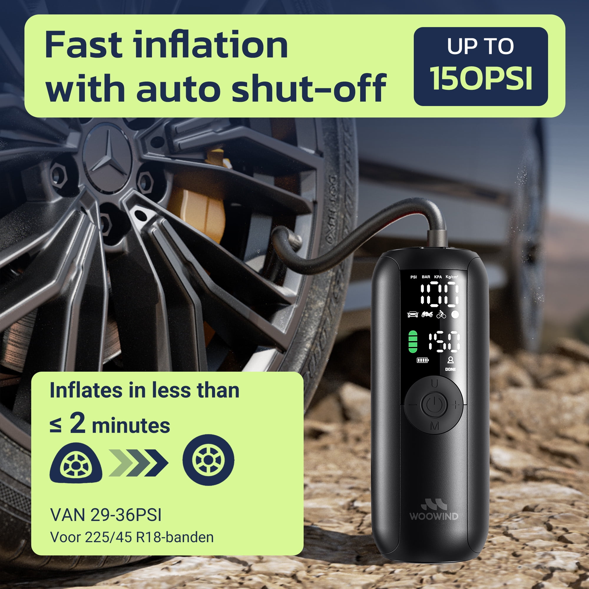 Woowind LP1 Portable Tire Inflator, 150PSI, Battery Powered Air Pump, Auto Shut-off, LED Light, Dual Valves, Compact for Vehicles and Sports Equipment