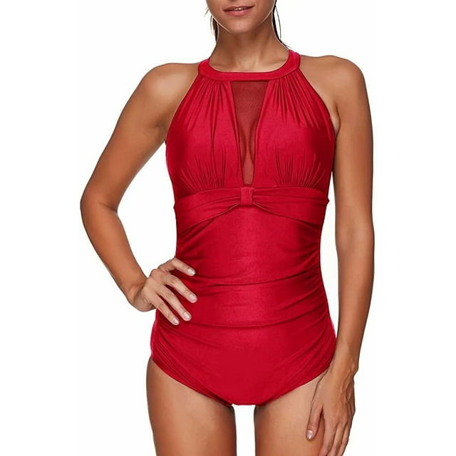 Maillot de Bain une Pièce pour Femmes Col Haut Plongeant en Maille Froncée Rouge S