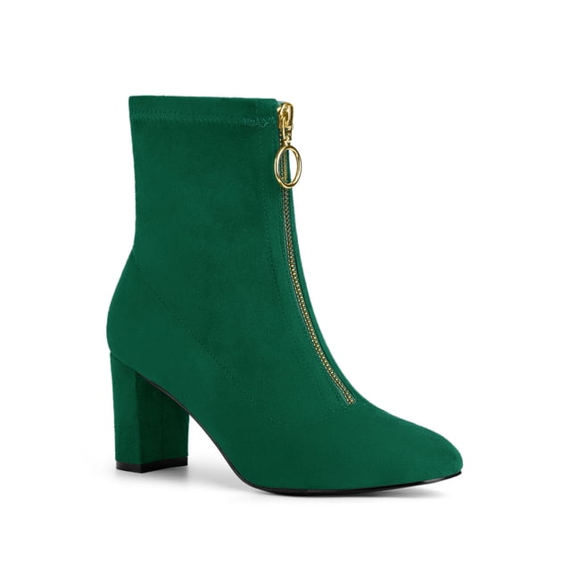Unique Bargains Women's Faux Suede Square Toe Front Zip Block Heel Ankle Boots