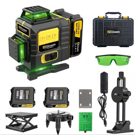 Gisam Laser Level,  4x360° Self-Leveling Green Cross Line 4D 16 Lines Laser  Metal Window Tool with Remote Control , 2* 4800mAh Battery, Magnetic & Liftable Bracket