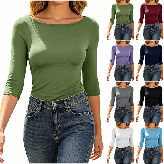 ZORYEVY Tops Women 3/4 Sleeve Winter Wide Round Neck Casual Fashion Solid Color T-shirts