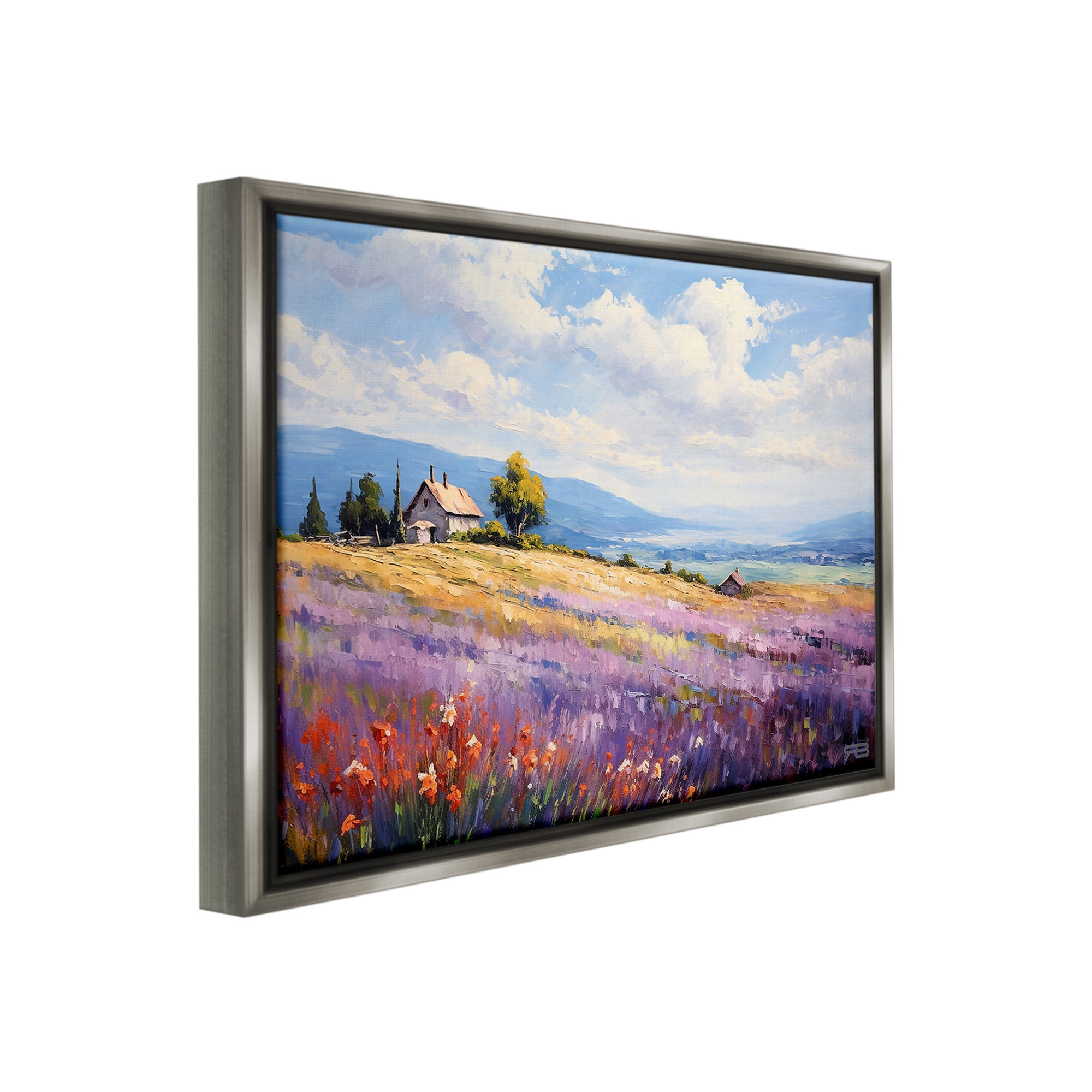 Stupell Industries Cottage Meadow View Landscape Painting Gray Floater Framed Canvas Art Print Wall Art, 21 x 17