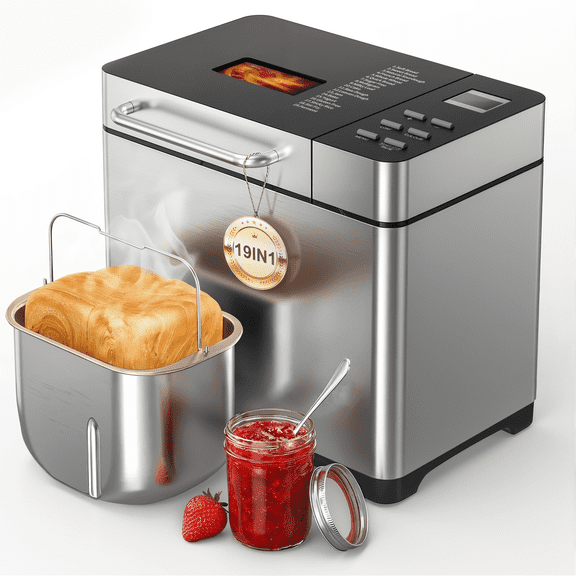 Nepsam Bread Maker, 1.5LB & 2LB Loaf Sizes, 19 Preset Programmes, 3 Crust Settings, 360° Baking, Keep-Warm & Timer Functions, Silver