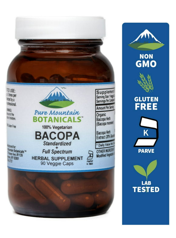 Bacopa Monnieri Capsules - 90 Vegan Caps with Organic Bacopa, Standardized Extract - Brain Focus Supplement