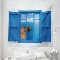 thumbnail image 1 of Blue White Tapestry, View from Window of Cabo Lighthouse Photo Mount Mediterranean Image Art Print, Fabric Wall Hanging Decor for Bedroom Living Room Dorm, 5 Sizes, White Blue, by Ambesonne, 1 of 1
