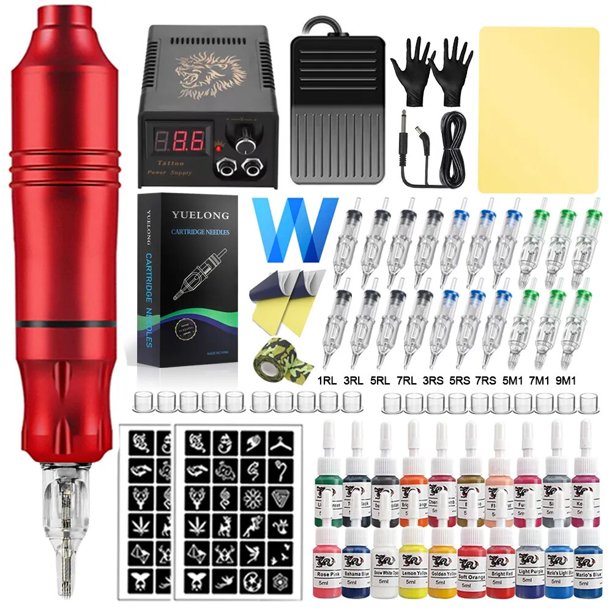 Juego de máquina de tatuaje profesional, Kit de pluma de tatuaje rotativa con cartuchos de agujas, pistola de tatuaje, fuente de alimentación, Kit completo de tatuaje