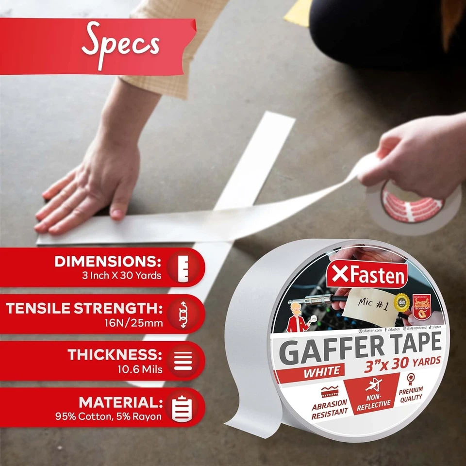 PRIME - Xfasten White Gaffers Tape 3 Inch X 30 Yards, Multipurpose, No Residue Gaffin...
