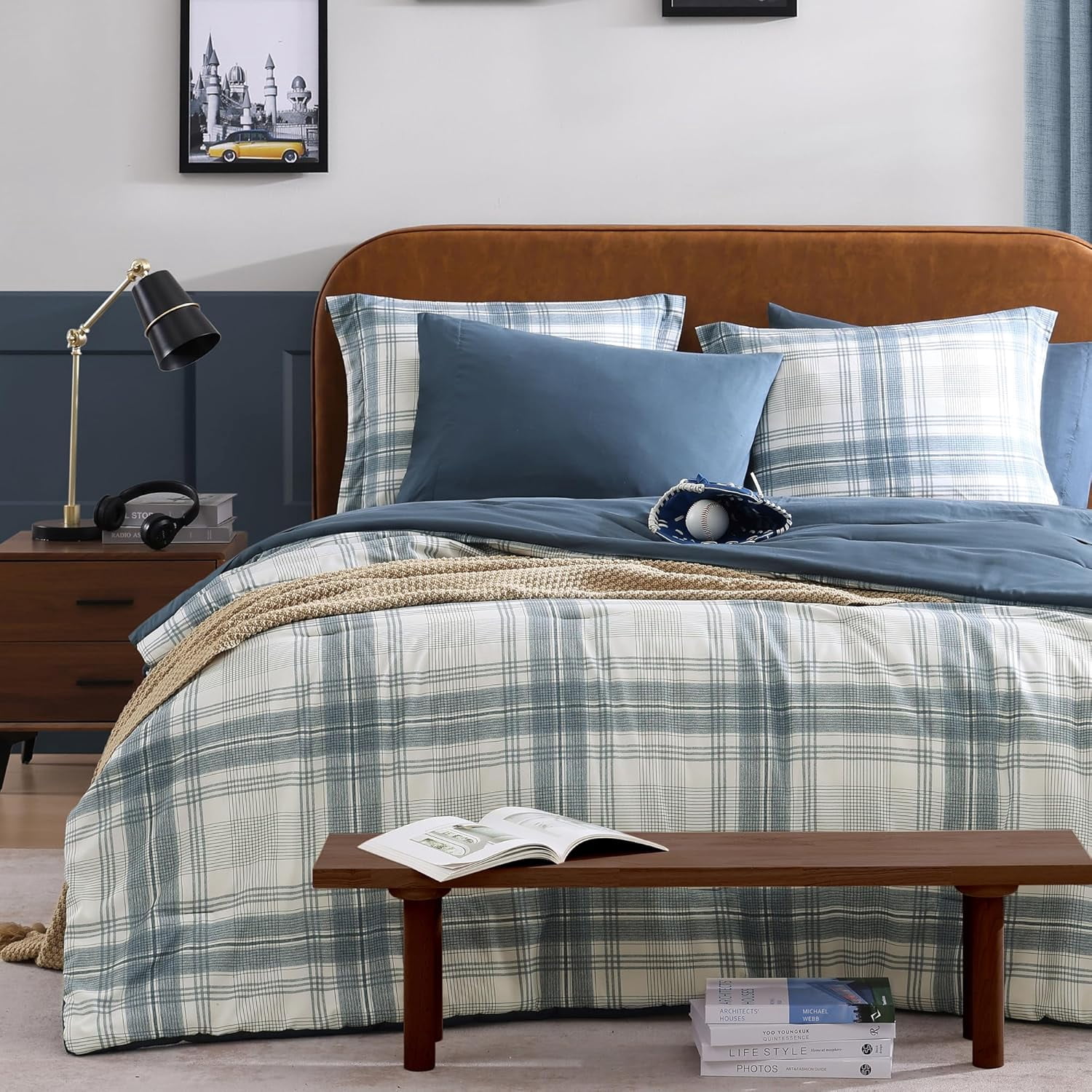 Catami Reversible Checkered Design 5-piece Bed in a Bag Comforter Set with Sheets,Blue Grey,Twin XL