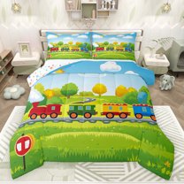 jejeloiu Colorful Cute Train Queen Comforter Set,Cartoon Steam Truck Bedding Sets,Green Yellow Kawaii Tree Bedding Comforter Set For Girls Boys,Ultra Soft Home Decor Reversible,3 Pieces