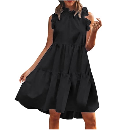 SMihono Summer High Collar Ruffle Dress for Women Classic Solid House Dress Ruffled Halter Neck Babydoll Pleated Swing Tiered Layer Loose Casual Beach Dress Backless Sleeveless Black 6