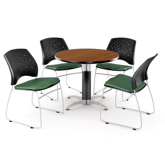 OFM Core Collection Breakroom Bundle, 42" Round Metal Mesh Base Multi-purpose Table in Cherry, 4 Stars Stacking Chairs in Shamrock Green (PKG-BRK-013-0001)