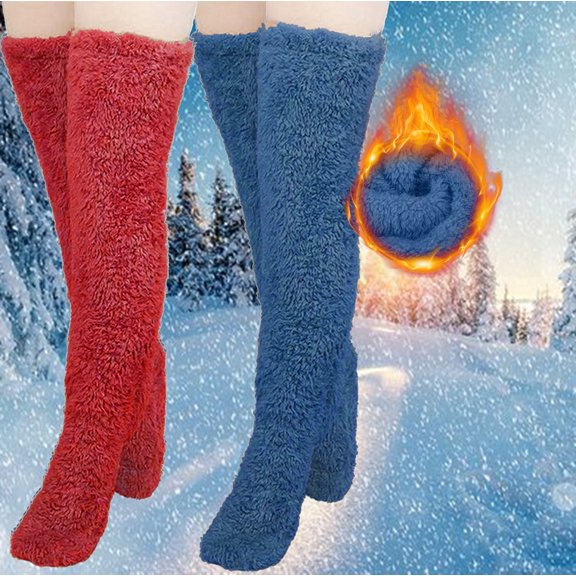 Honeeladyy 2 Pairs of Over Knee High Fuzzy Socks Plush Slipper Stockings Furry Long Leg Warmers Winter Home Sleeping Socks