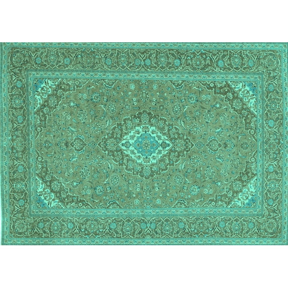 Ahgly Company Machine Washable Indoor Rectangle Medallion Turquoise Blue Traditional Area Rugs, 5' x 7'