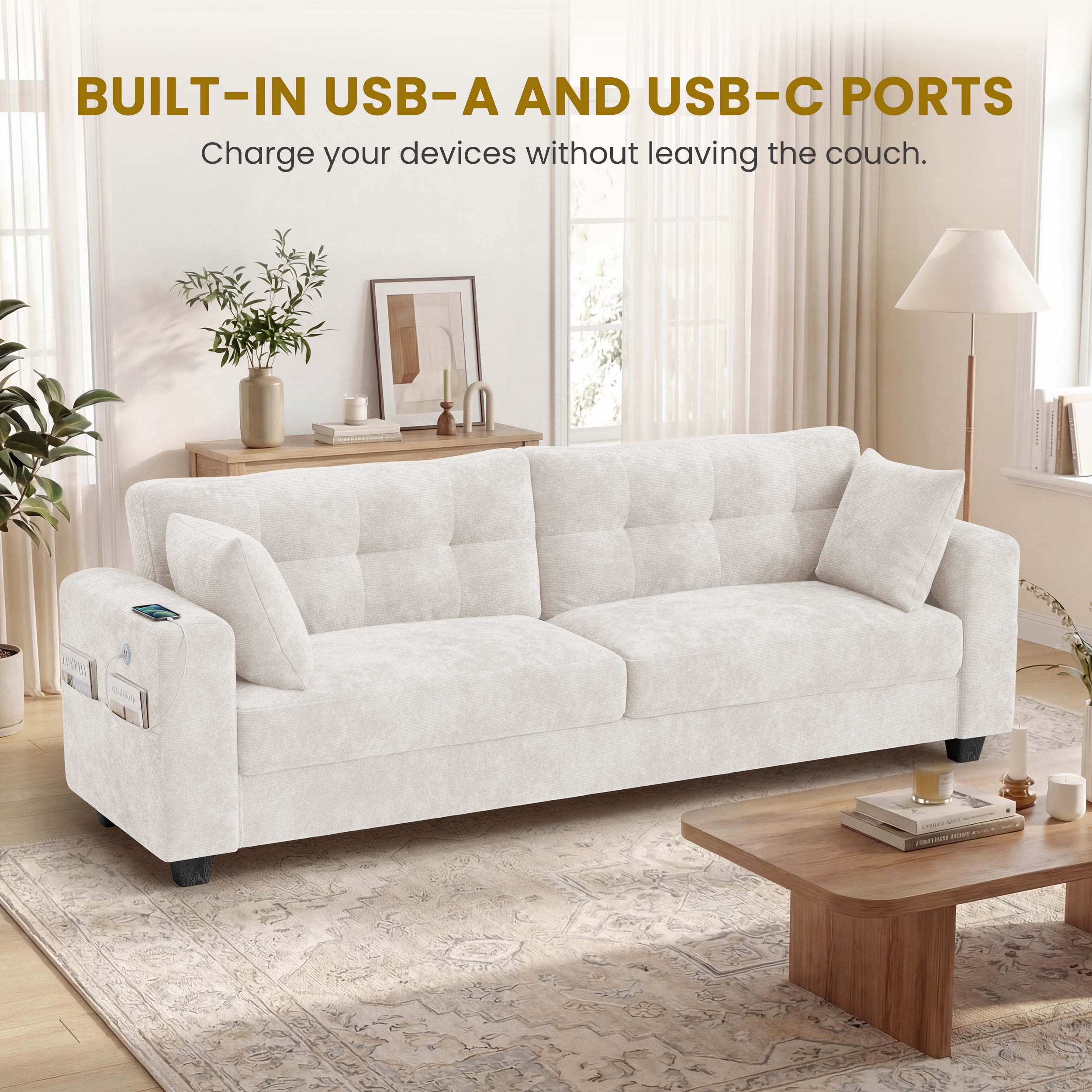 WISHEAD 87" Large 3 Seater Sofa Couch for Living Room, Office, Oversized Couches with Extra Deep Seat, USB Charging Port, 2 Pillows, Beige