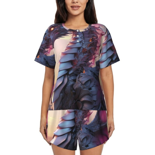 Fotbe Dragon Conjunto de Pijama Estampado para Mujer, 2 Piezas, Ropa de Dormir con Camiseta de Manga Corta y Shorts Suaves-Medium