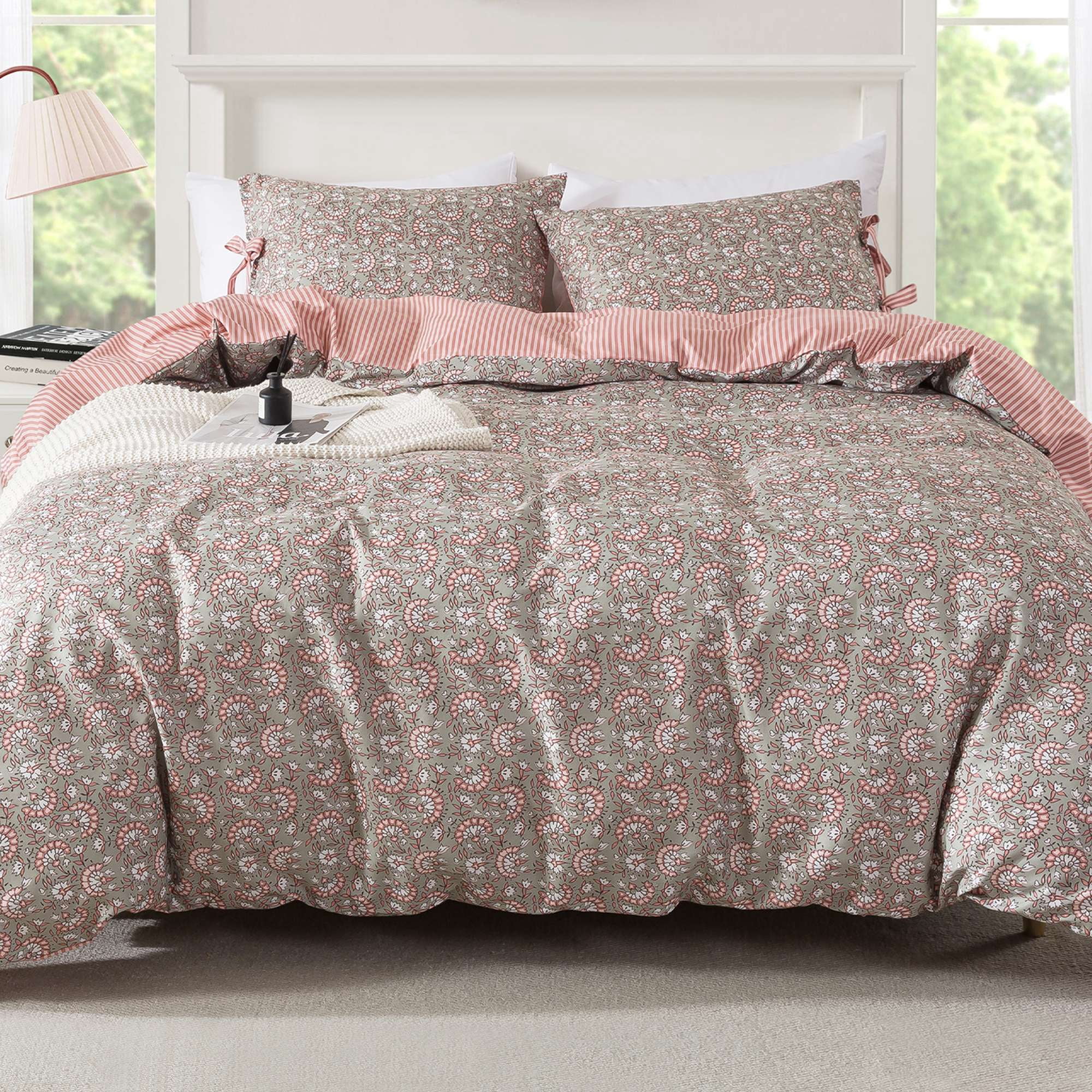 Mainstays Full/Queen Duvet Cover Set, Reversible All-Season, 3-Piece, Green Floral Bowknot