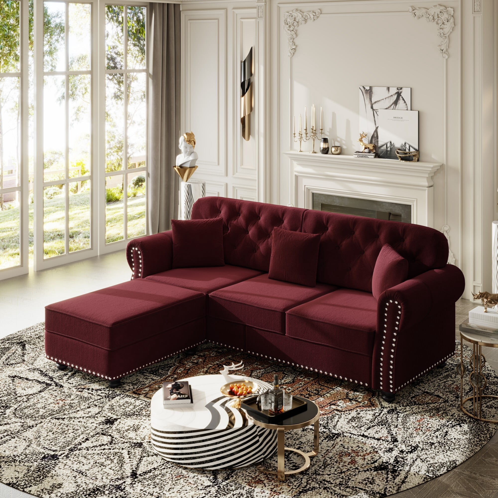 DEALTOPS 82.6 Inch Reversible Chesterfield Velvet Sectional Sofa Couch with Ottoman, Tufted Nailhead Trim, Burgundy