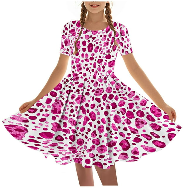 RXIRUCGD 2025 Vêtements d'Été pour Enfants Filles Enfants d'Âge Moyen Robes à Manches Courtes Col Rond Vêtements de Pratique pour Enfants Robes de Danse