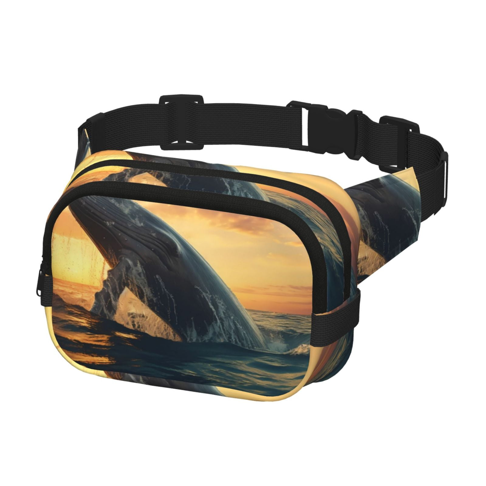 Picia Sunset Ocean Whale Print Square Double-Layer Waist Bag Mini Adjustable Waist Belt Bag Exercise Running Travel Hiking