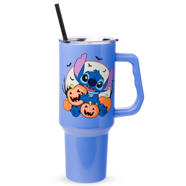 Silver Buffalo Disney Lilo and Stitch Halloween Spooky Pumpkin Jack-O-Lantern Vaso de acero inoxidable con mango y pajita, se adapta a portavasos estándar, 40 onzas