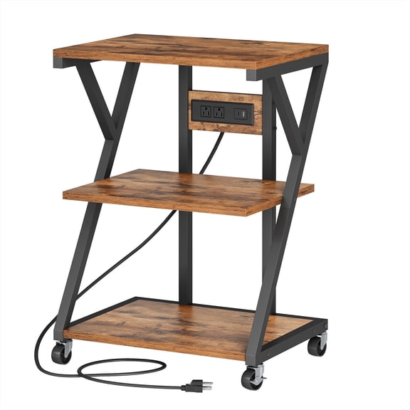 HOOBRO 3-Tier Printer Stand with Wheels & Charging Station, Rustic Brown and Black
