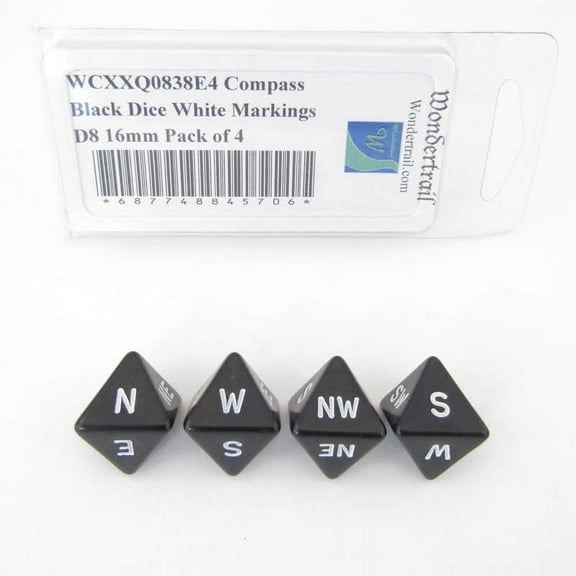 Compass Black Dice with White Markings D8 16mm (5/8in) Pack of 4 Wondertrail