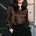 thumbnail image 2 of Puntoco Women's Satin Silk Button Down Blouse, Loose Fit Collared Long Sleeve Shirt, Elegant Solid Color Dressy Casual Work Top Coffee M, 2 of 5
