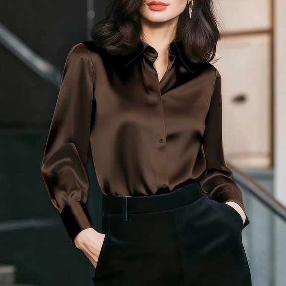 ClodeEU Women's Satin V Neck Long Sleeve Button Down Blouse,Casual Loose Fit Office Shirt Top Coffee,Women's Plus L