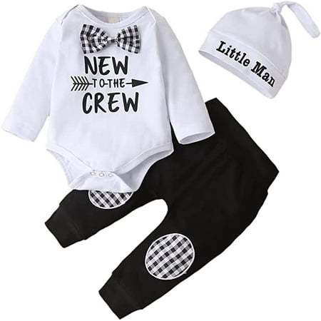 

DOUBFIVSY Newborn Baby Boy Clothes Gentleman Bow Tie Long Sleeve Romper+ Pants+ Knot Hat 3pcs Outfits Sets Toddler Boy Formal Outfits