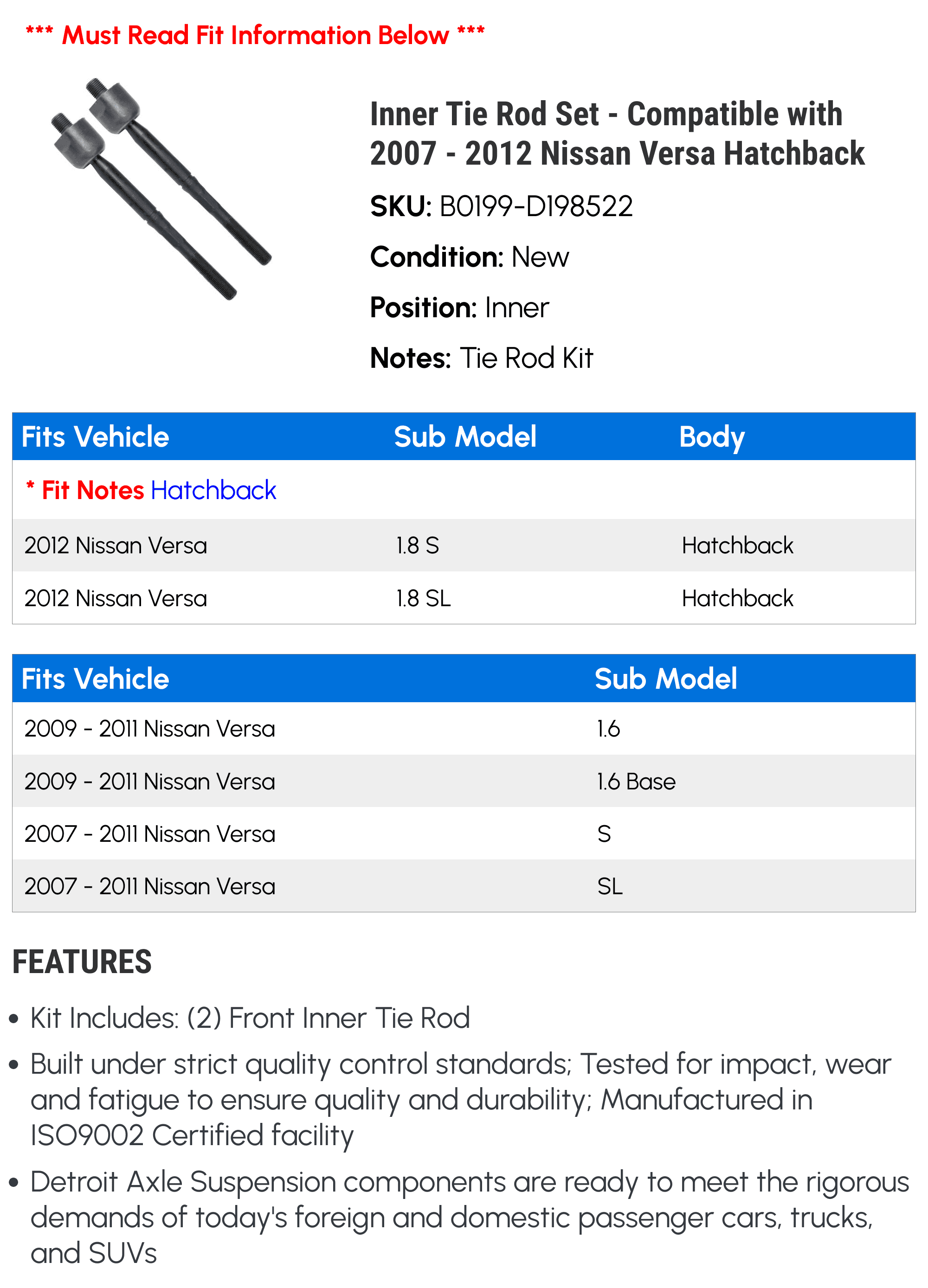 Inner Tie Rod Set - Compatible with 2007 - 2012 Nissan Versa Hatchback 2008 2009 2010 2011