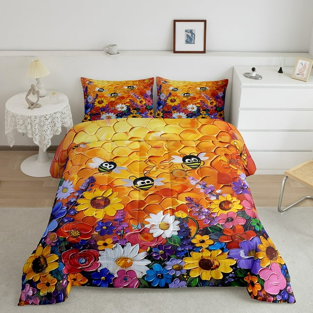 YST Colorful Sunflower Comforter Set, Queen Size, Watercolor Oil Painting Bedding, Cute Wild Animal Theme, Rainbow Floral Pattern