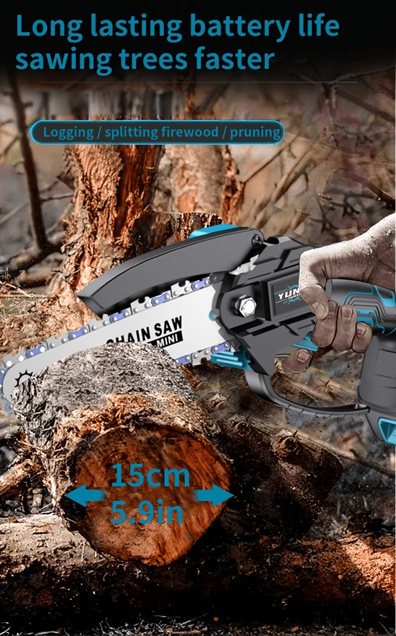 6-inch cordless mini chainsaw, equipped with a 2.0Ahh rechargeable lithium-ion battery - a compact electric handheld saw suitable for trimming branches and wood in