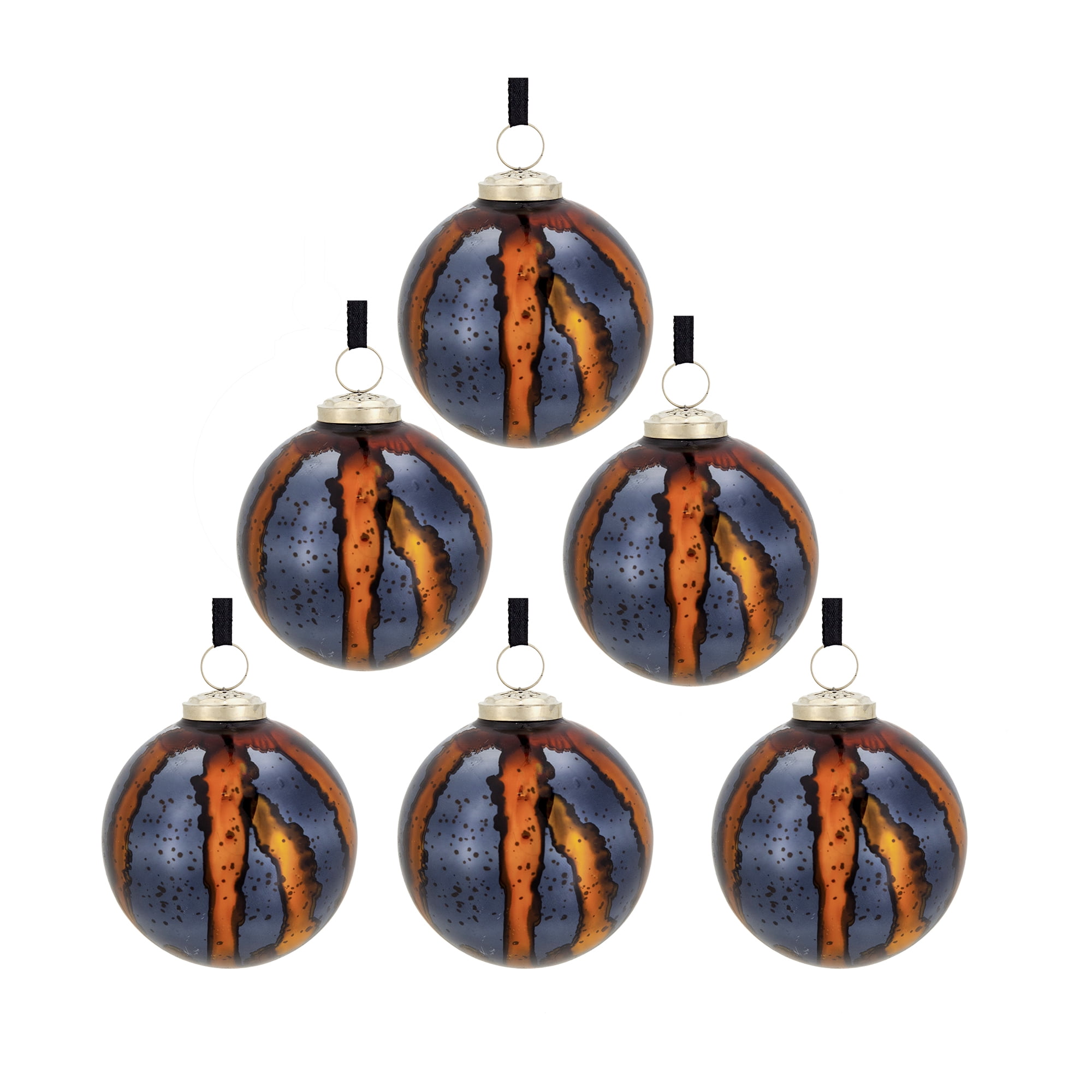 Set of 6 Black and Gold Glass Christmas Ball Ornaments Brass Cap Speckled Finish Tree Garland Decor