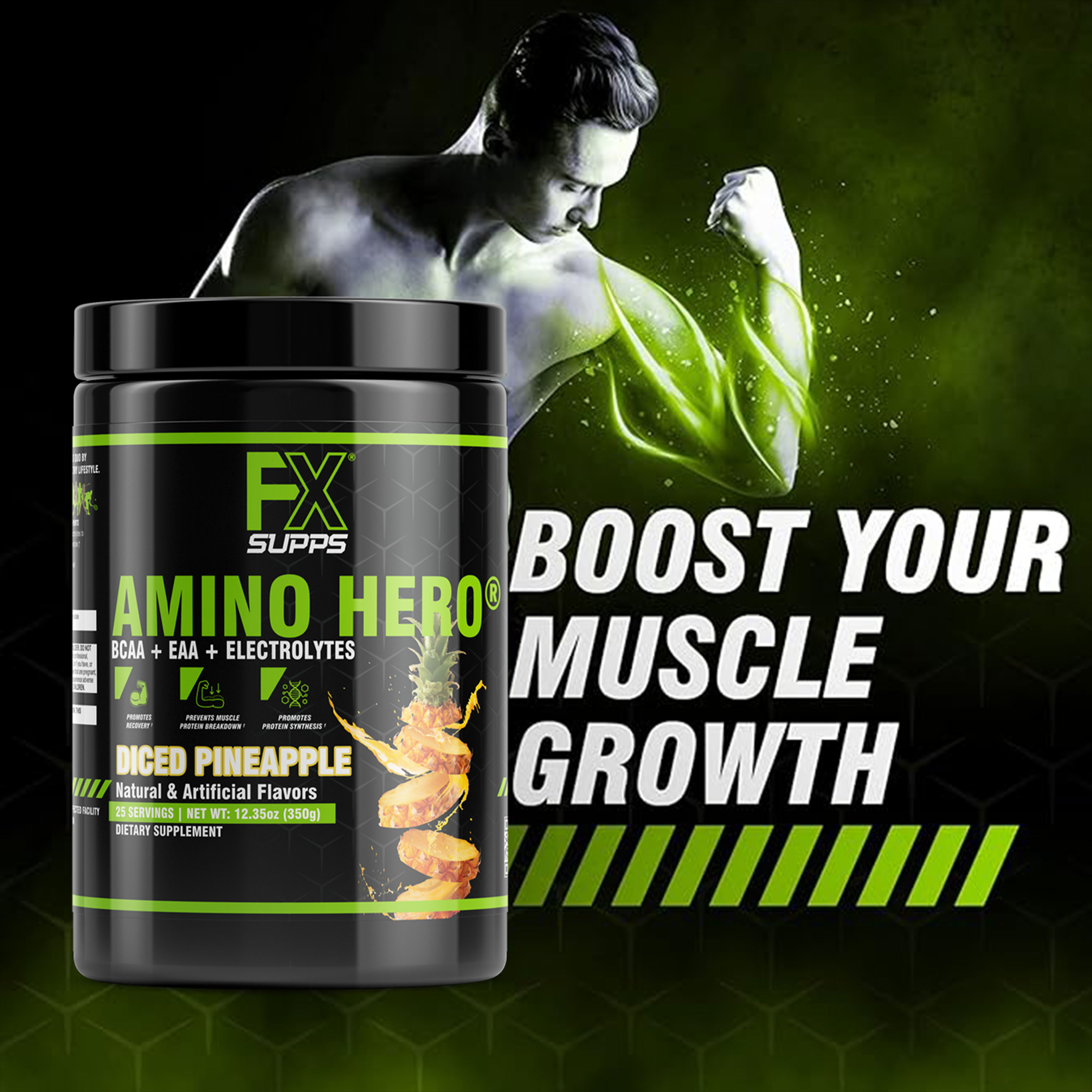 FX Supps Amino Hero BCAA Amino Acids Intra-Workout Powder, Diced Pineapple, 25 Servings
